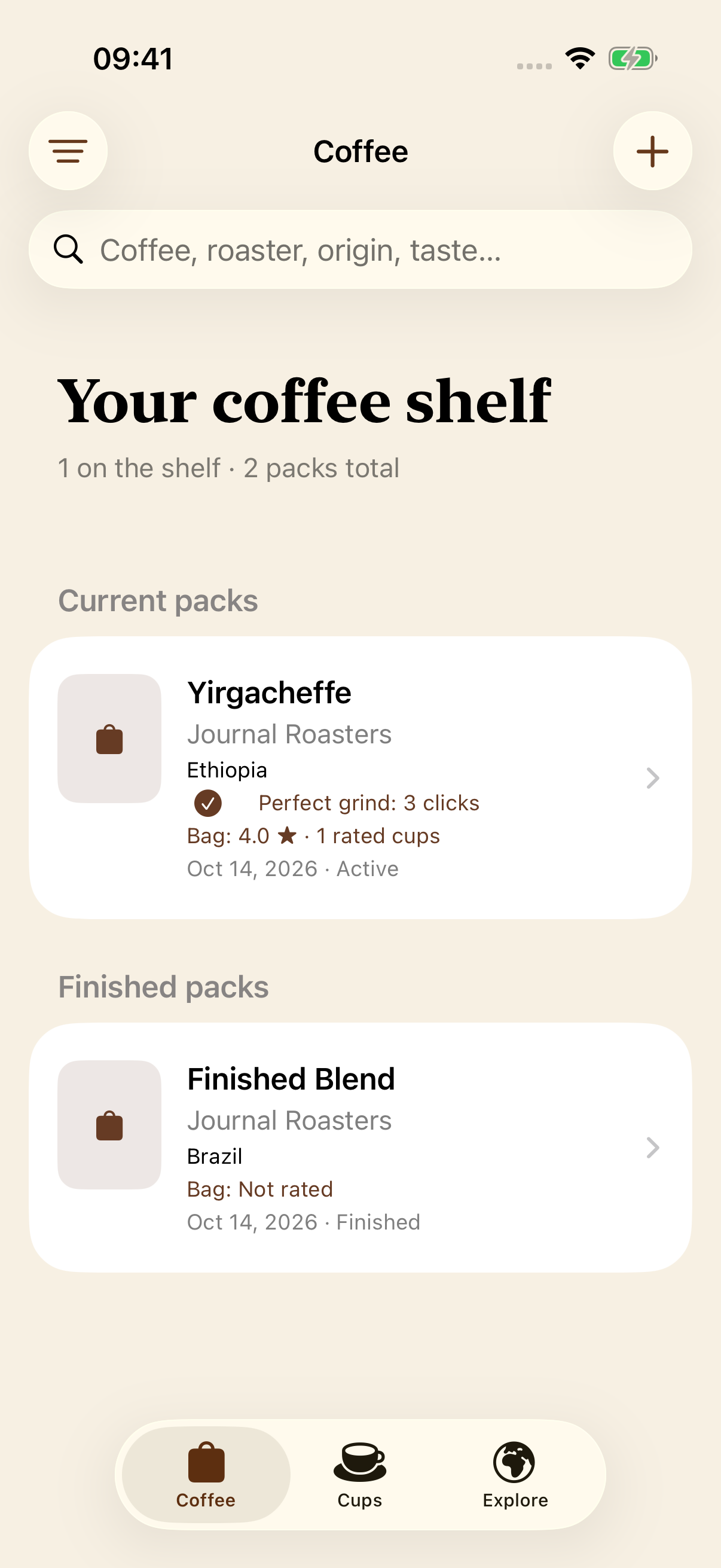 Coffee shelf showing current and finished bags, ratings, and perfect grind settings