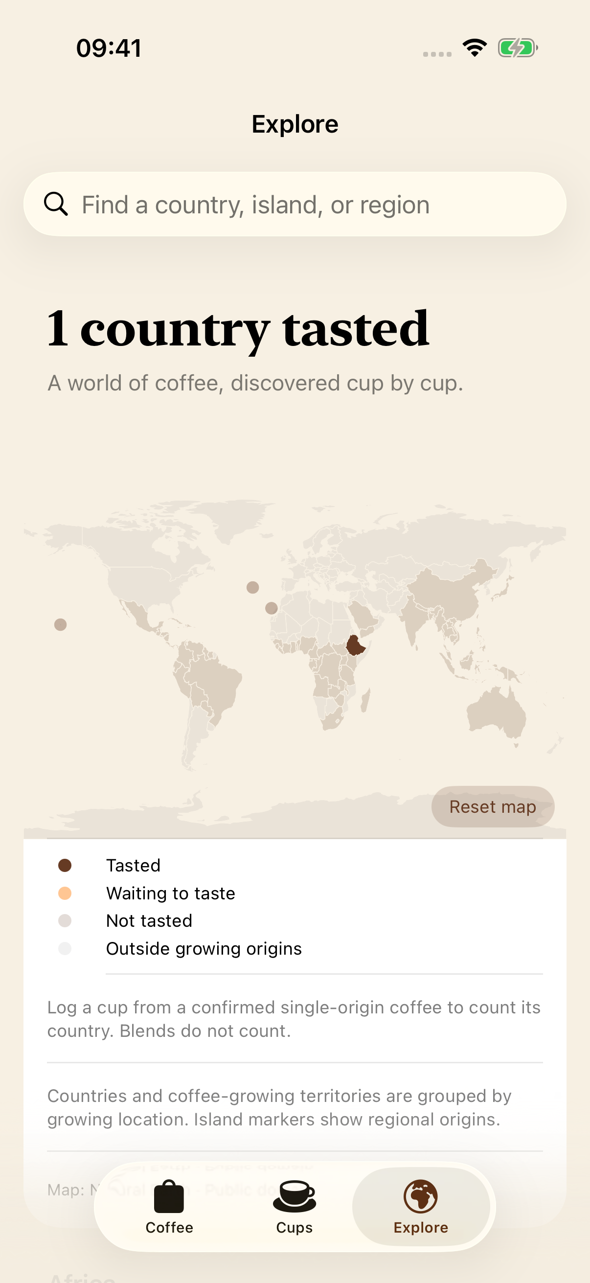 Explore screen showing a world map and the single-origin coffees tasted so far